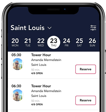 City Pilates mobile app interface for class scheduling in St. Louis